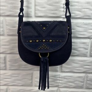LUCKY BRAND JONI CROSSBODY LEATHER SUEDE BRASS STUDS TASSEL BOHO FLAP BAG